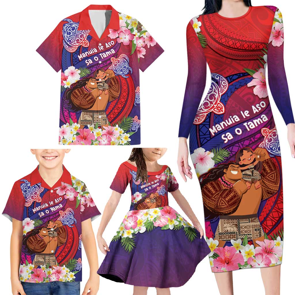 Personalised Samoa Father's Day Family Matching Long Sleeve Bodycon Dress and Hawaiian Shirt Happy Father And Child