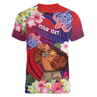 Personalised Samoa Father's Day Women V-Neck T-Shirt Happy Father And Child