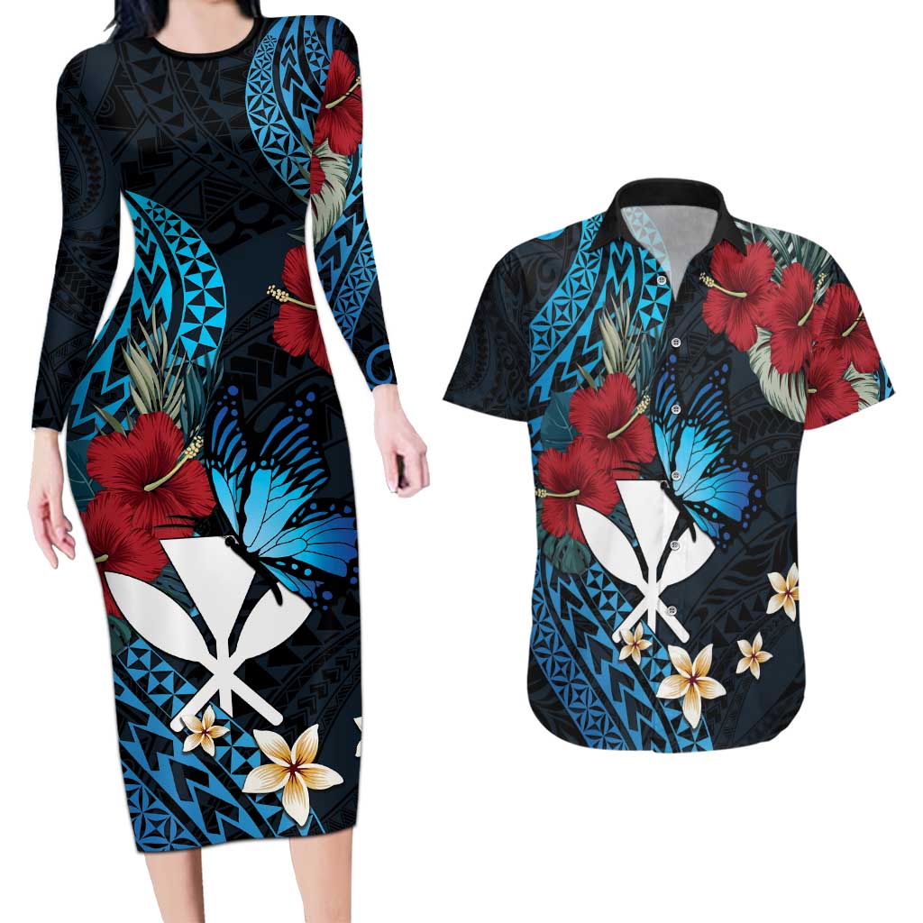 Hawaii Butterfly Couples Matching Long Sleeve Bodycon Dress and Hawaiian Shirt Kanaka Maoli Mix Hibiscus DT04 Black - Polynesian Pride