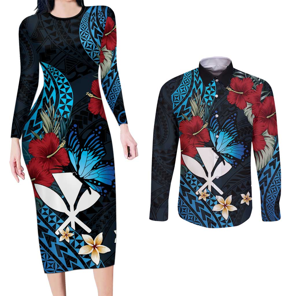 Hawaii Butterfly Couples Matching Long Sleeve Bodycon Dress and Long Sleeve Button Shirt Kanaka Maoli Mix Hibiscus DT04 Black - Polynesian Pride