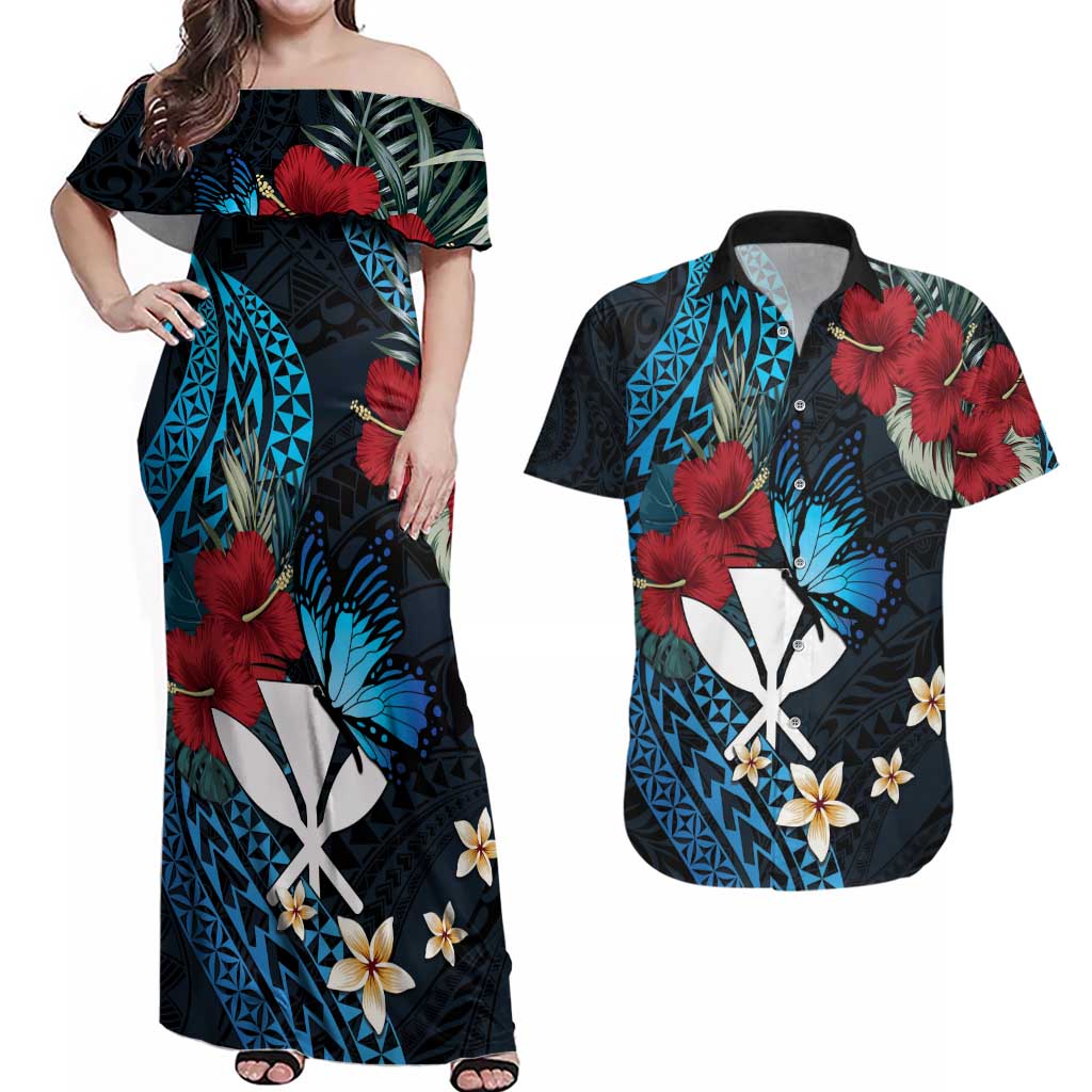Hawaii Butterfly Couples Matching Off Shoulder Maxi Dress and Hawaiian Shirt Kanaka Maoli Mix Hibiscus DT04 Black - Polynesian Pride