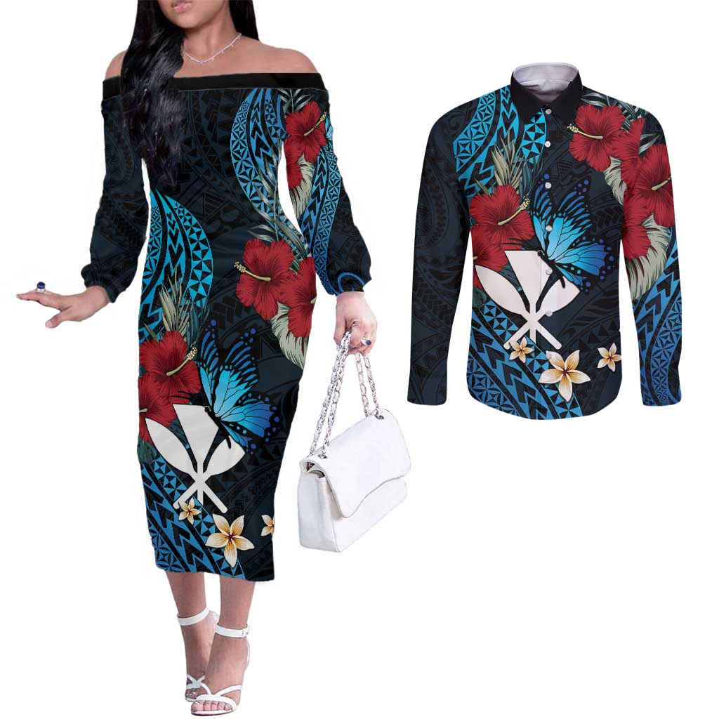Hawaii Butterfly Couples Matching Off The Shoulder Long Sleeve Dress and Long Sleeve Button Shirt Kanaka Maoli Mix Hibiscus DT04 Black - Polynesian Pride
