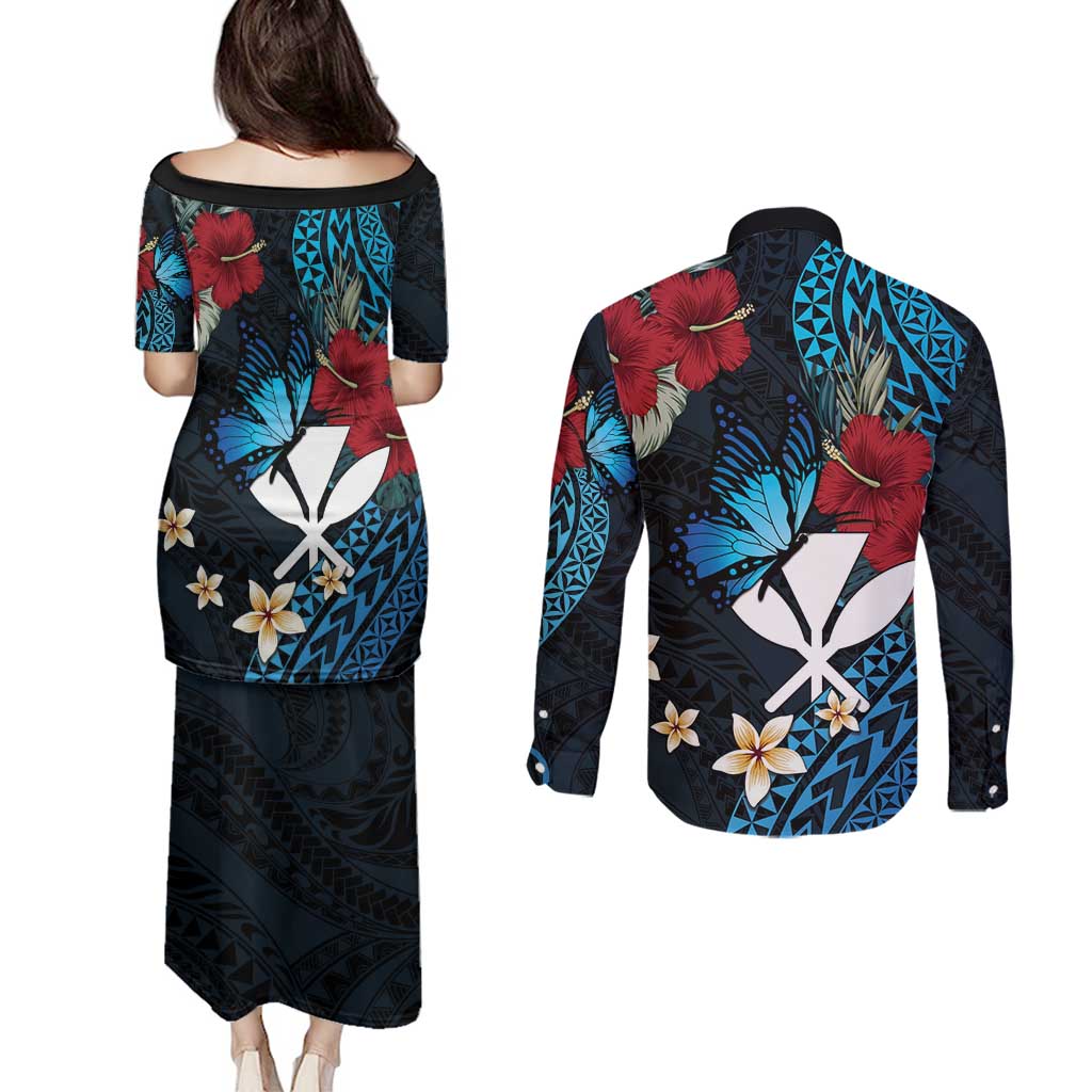 Hawaii Butterfly Couples Matching Puletasi and Long Sleeve Button Shirt Kanaka Maoli Mix Hibiscus