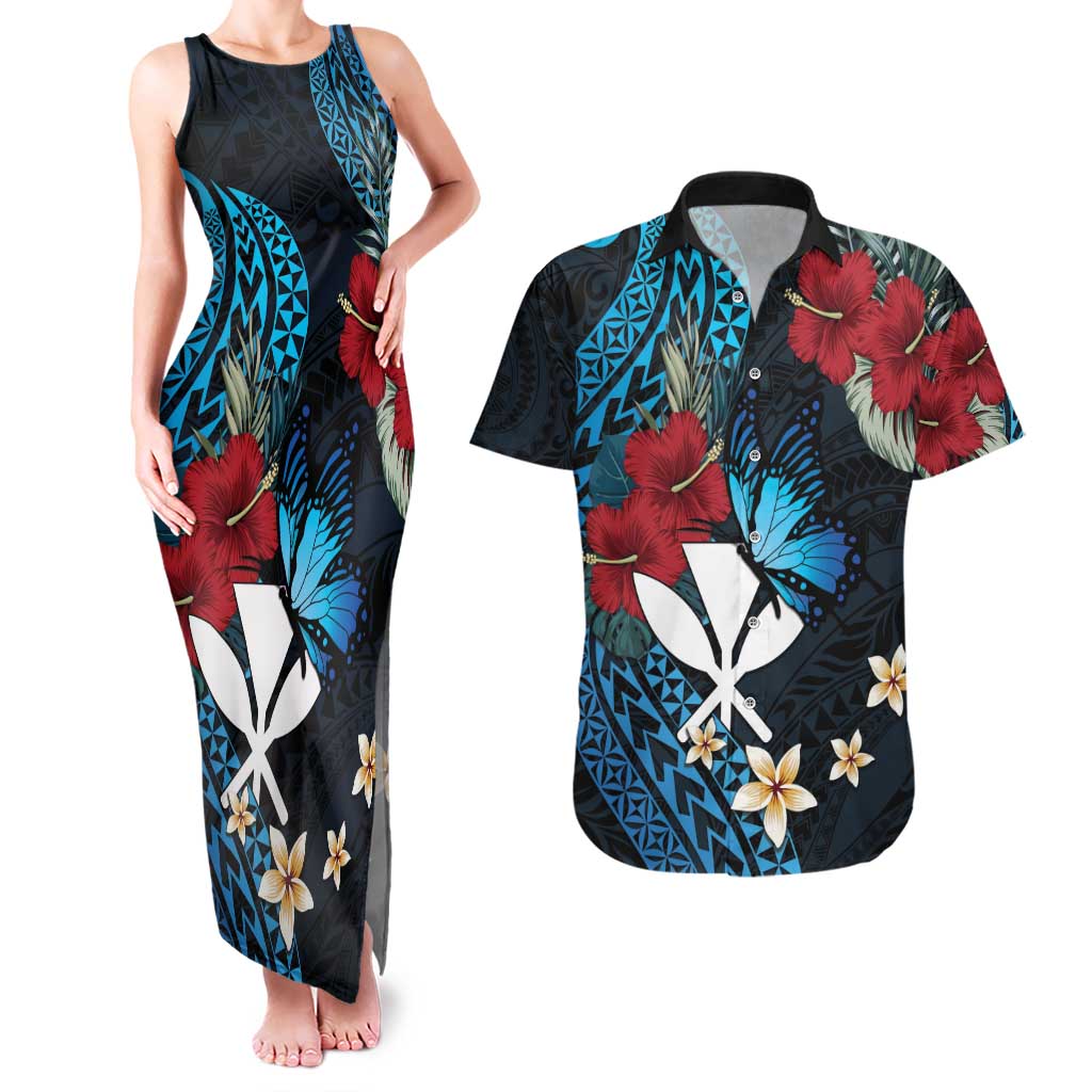 Hawaii Butterfly Couples Matching Tank Maxi Dress and Hawaiian Shirt Kanaka Maoli Mix Hibiscus DT04 Black - Polynesian Pride