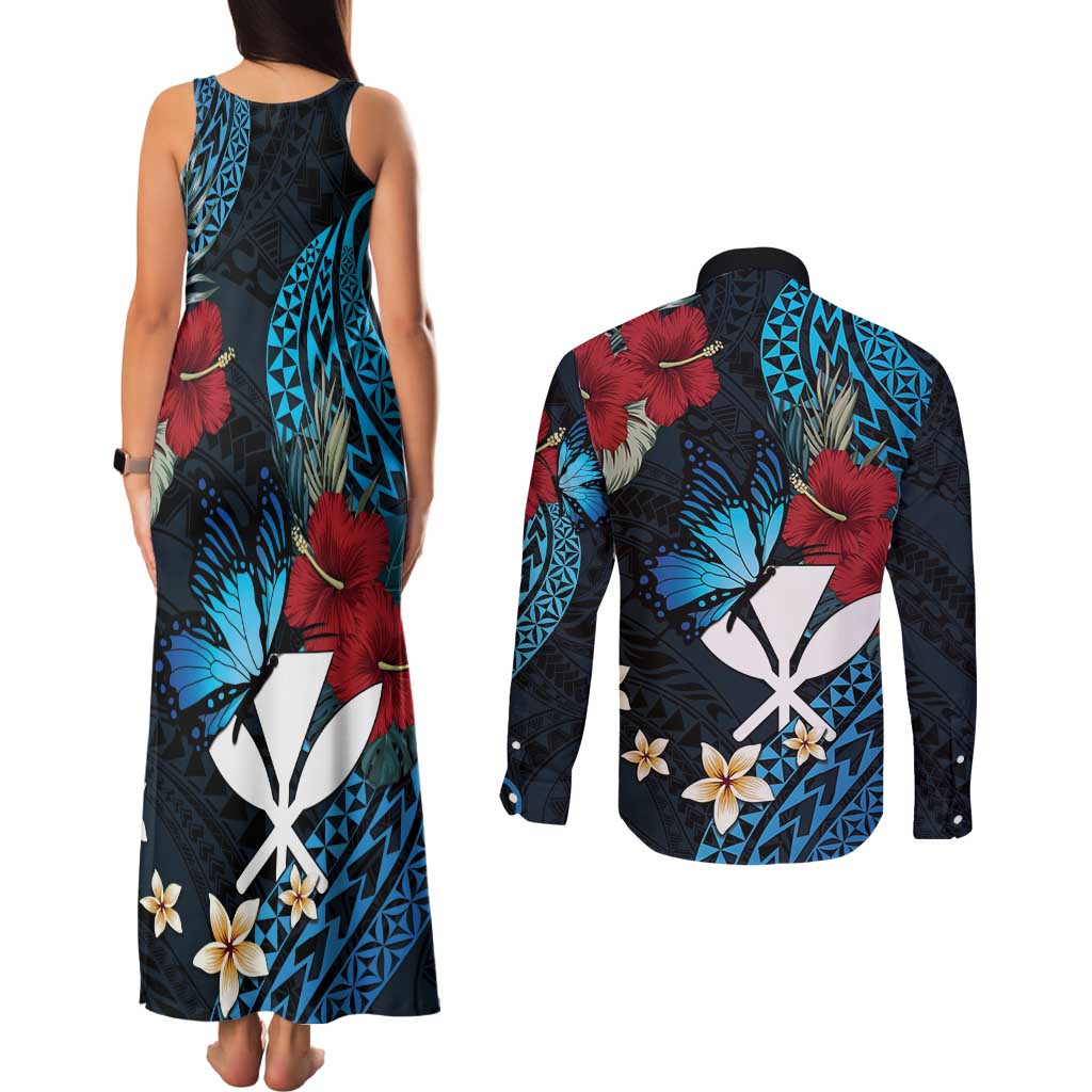 Hawaii Butterfly Couples Matching Tank Maxi Dress and Long Sleeve Button Shirt Kanaka Maoli Mix Hibiscus