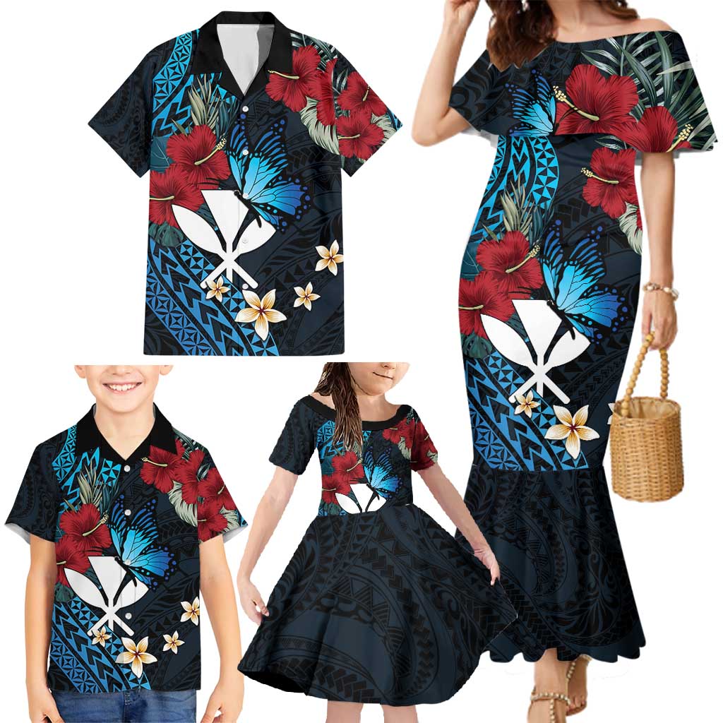 Hawaii Butterfly Family Matching Mermaid Dress and Hawaiian Shirt Kanaka Maoli Mix Hibiscus
