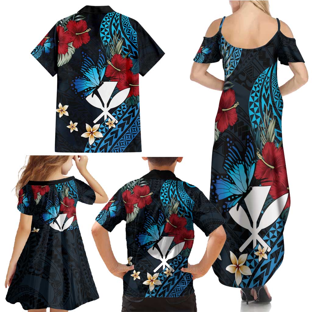 Hawaii Butterfly Family Matching Summer Maxi Dress and Hawaiian Shirt Kanaka Maoli Mix Hibiscus