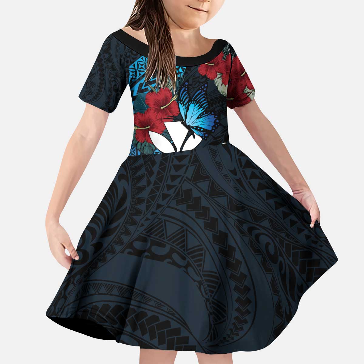 Hawaii Butterfly Kid Short Sleeve Dress Kanaka Maoli Mix Hibiscus