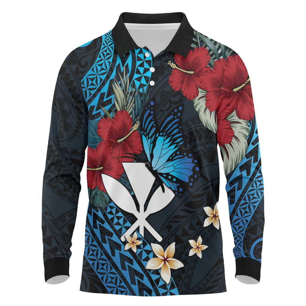 Hawaii Butterfly Long Sleeve Polo Shirt Kanaka Maoli Mix Hibiscus