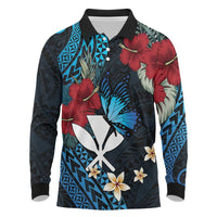 Hawaii Butterfly Long Sleeve Polo Shirt Kanaka Maoli Mix Hibiscus