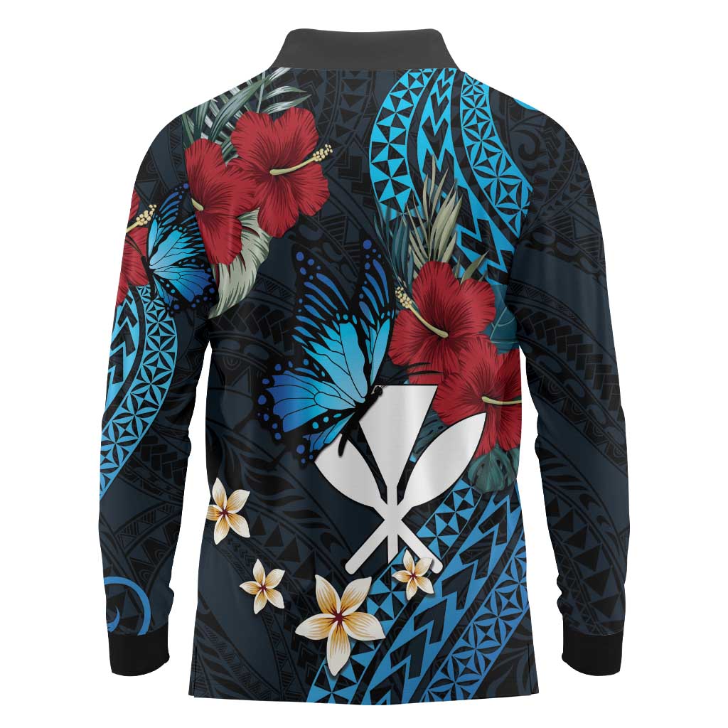 Hawaii Butterfly Long Sleeve Polo Shirt Kanaka Maoli Mix Hibiscus