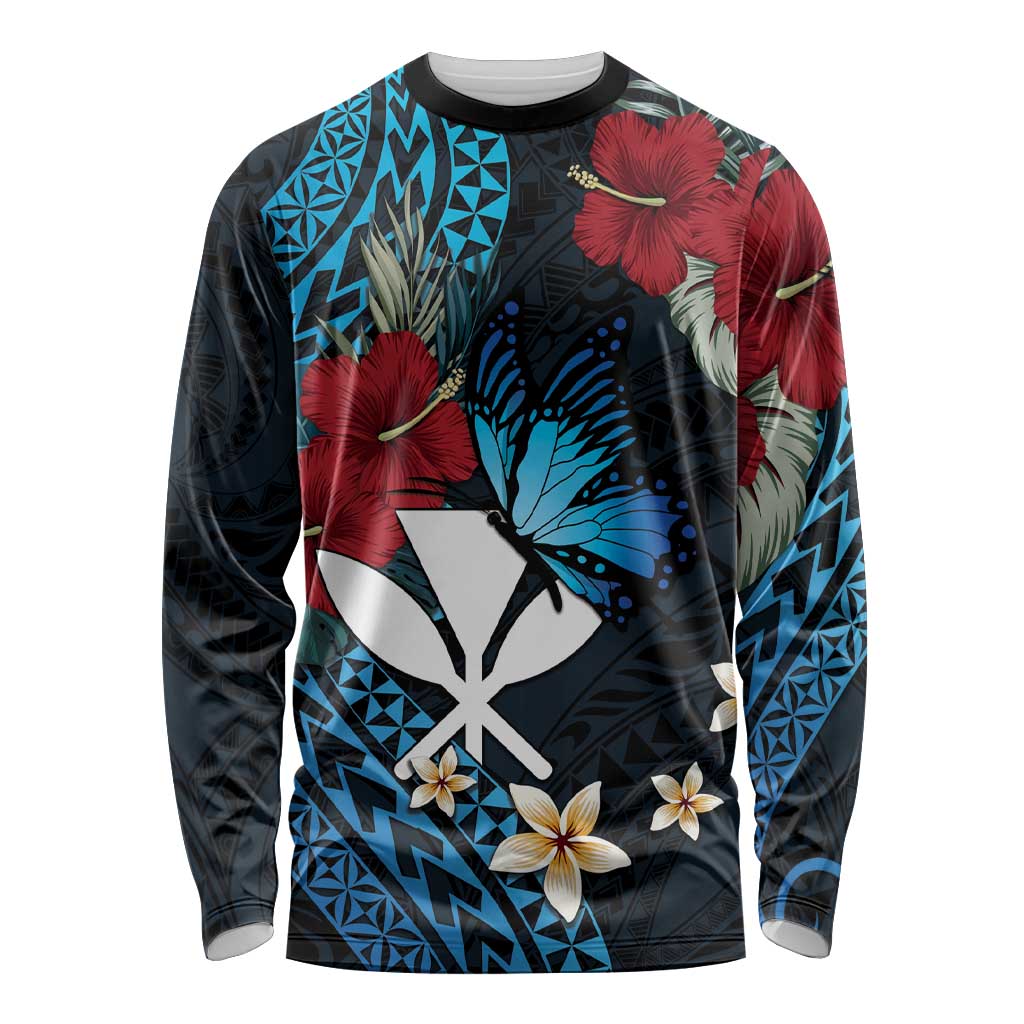 Hawaii Butterfly Long Sleeve Shirt Kanaka Maoli Mix Hibiscus DT04 Unisex Black - Polynesian Pride