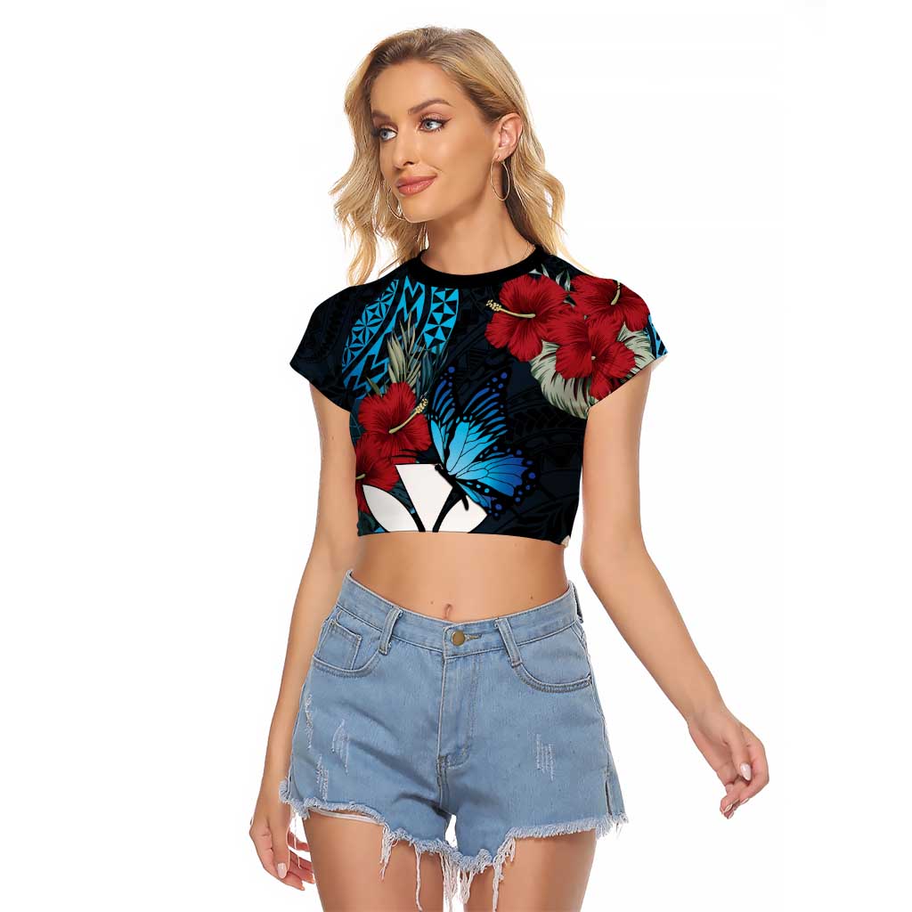 Hawaii Butterfly Raglan Cropped T Shirt Kanaka Maoli Mix Hibiscus DT04 Female Black - Polynesian Pride