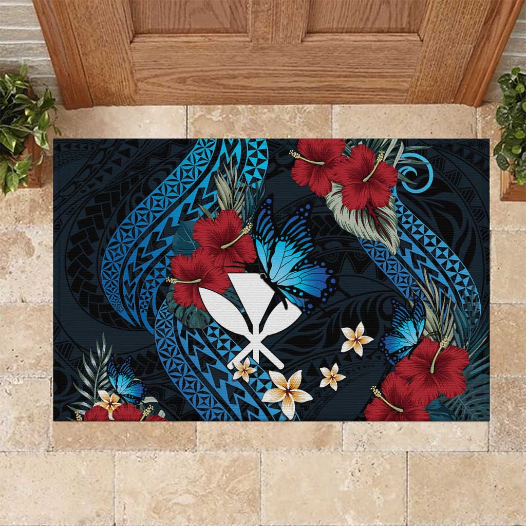 Hawaii Butterfly Rubber Doormat Kanaka Maoli Mix Hibiscus DT04 Black - Polynesian Pride