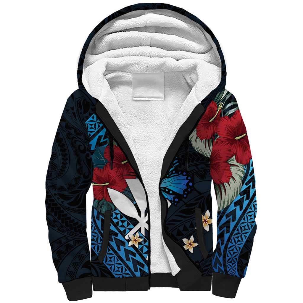 Hawaii Butterfly Sherpa Hoodie Kanaka Maoli Mix Hibiscus DT04 Unisex Black - Polynesian Pride