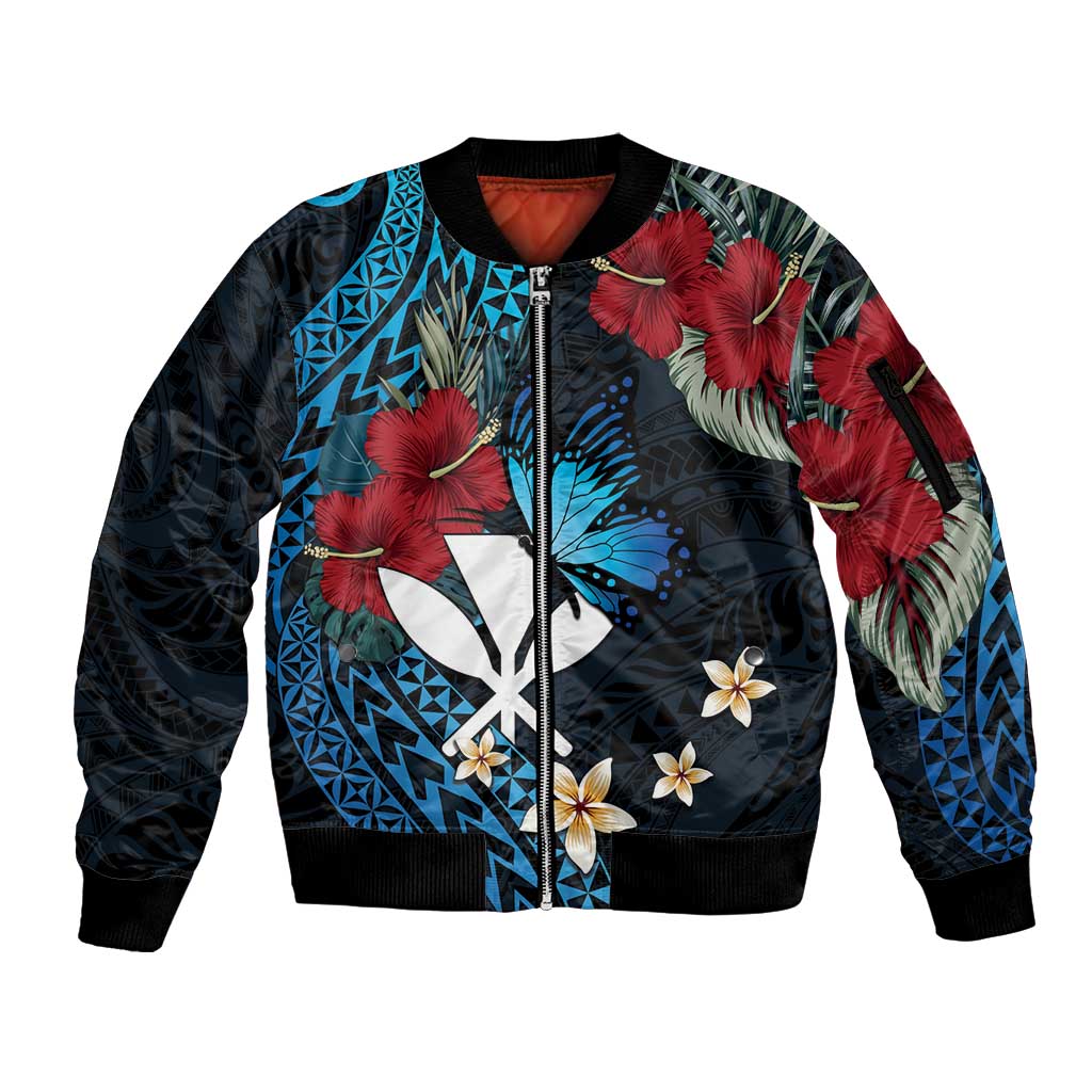 Hawaii Butterfly Sleeve Zip Bomber Jacket Kanaka Maoli Mix Hibiscus DT04 Unisex Black - Polynesian Pride
