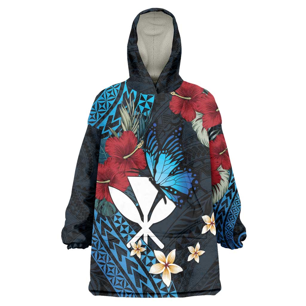 Hawaii Butterfly Wearable Blanket Hoodie Kanaka Maoli Mix Hibiscus DT04 One Size Black - Polynesian Pride