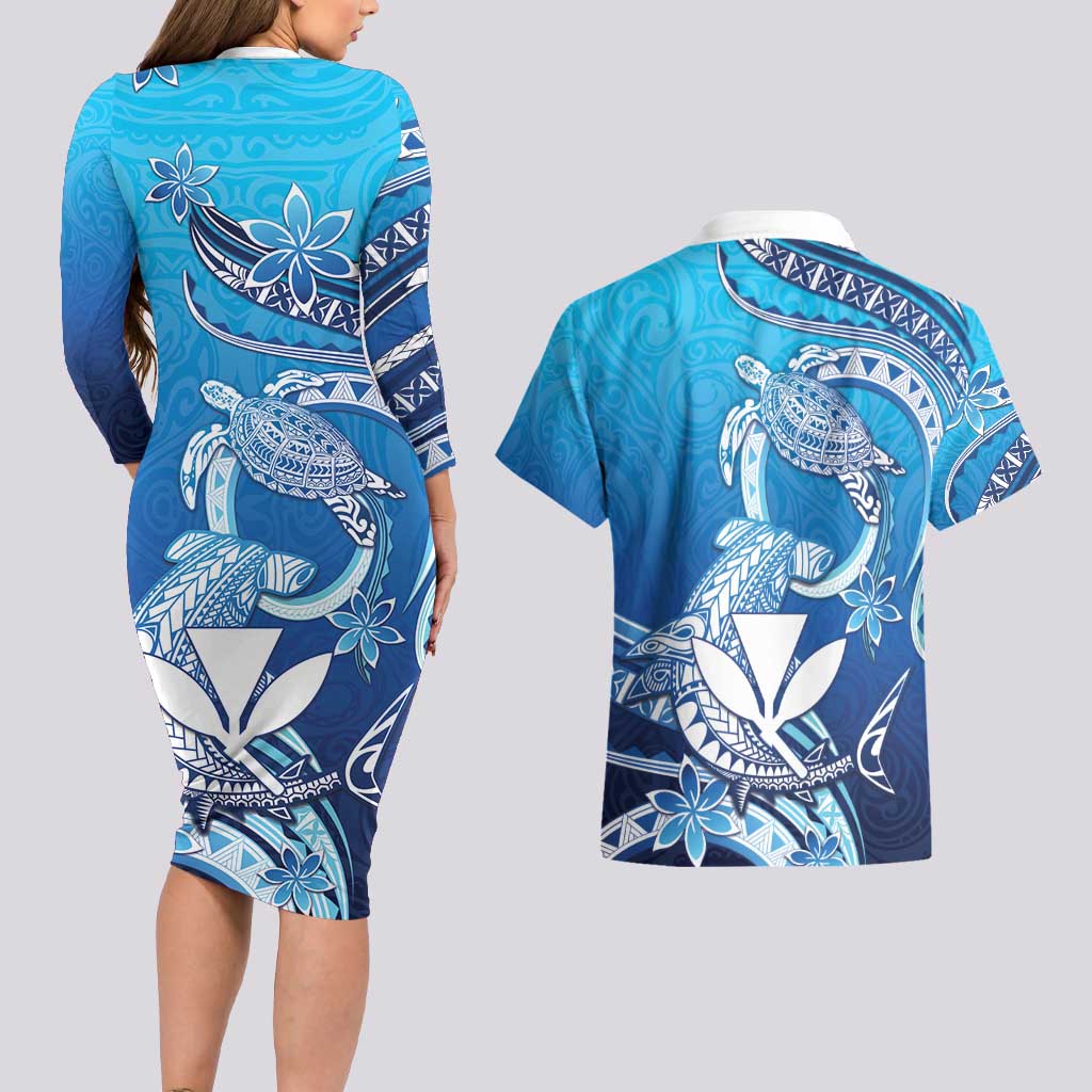 Hawaii Couples Matching Long Sleeve Bodycon Dress and Hawaiian Shirt Turtle With Hammerhead Shark Oceanic