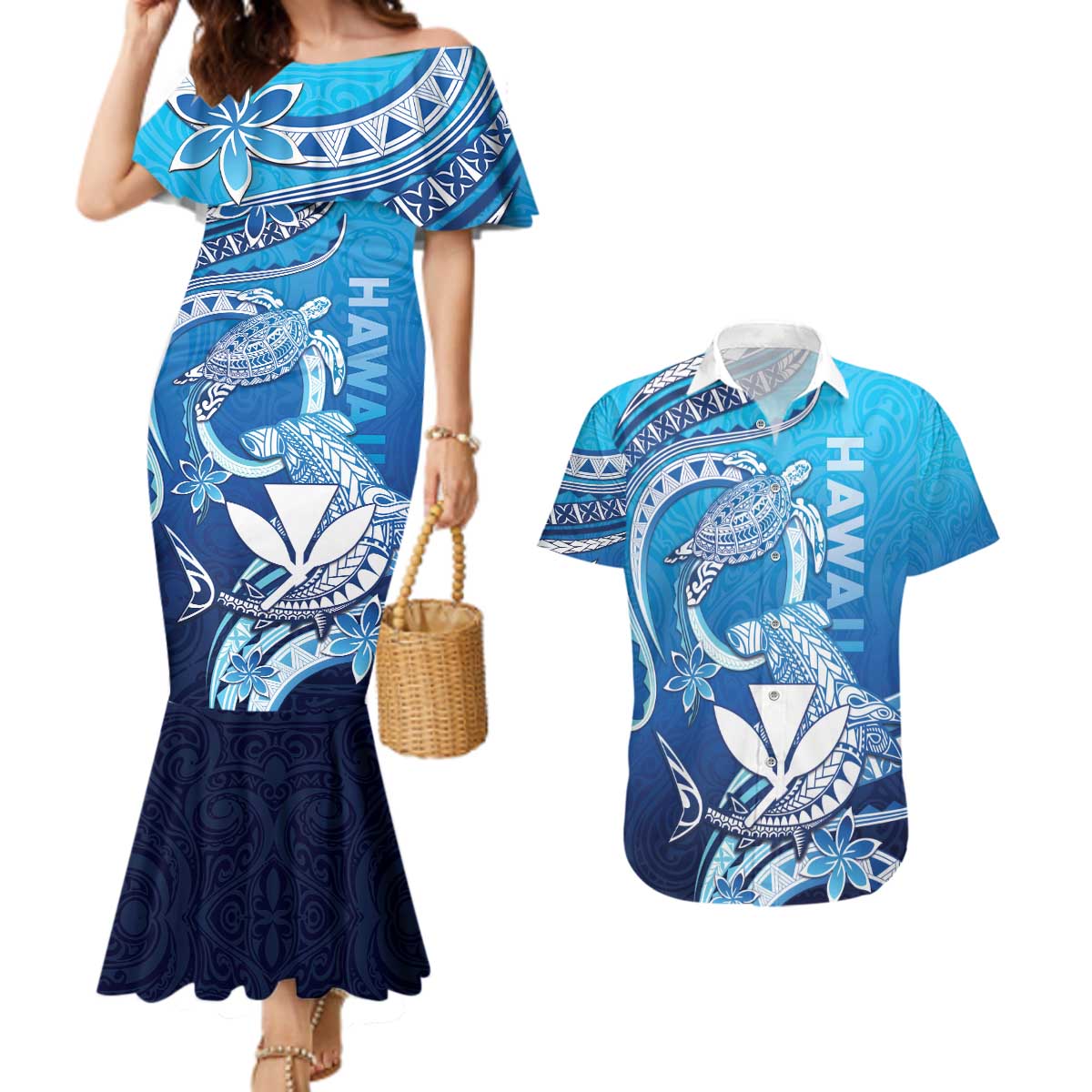 Hawaii Couples Matching Mermaid Dress and Hawaiian Shirt Turtle With Hammerhead Shark Oceanic DT04 Blue - Polynesian Pride