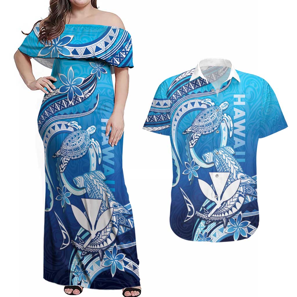 Hawaii Couples Matching Off Shoulder Maxi Dress and Hawaiian Shirt Turtle With Hammerhead Shark Oceanic