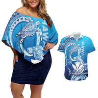 Hawaii Couples Matching Off Shoulder Short Dress and Hawaiian Shirt Turtle With Hammerhead Shark Oceanic
