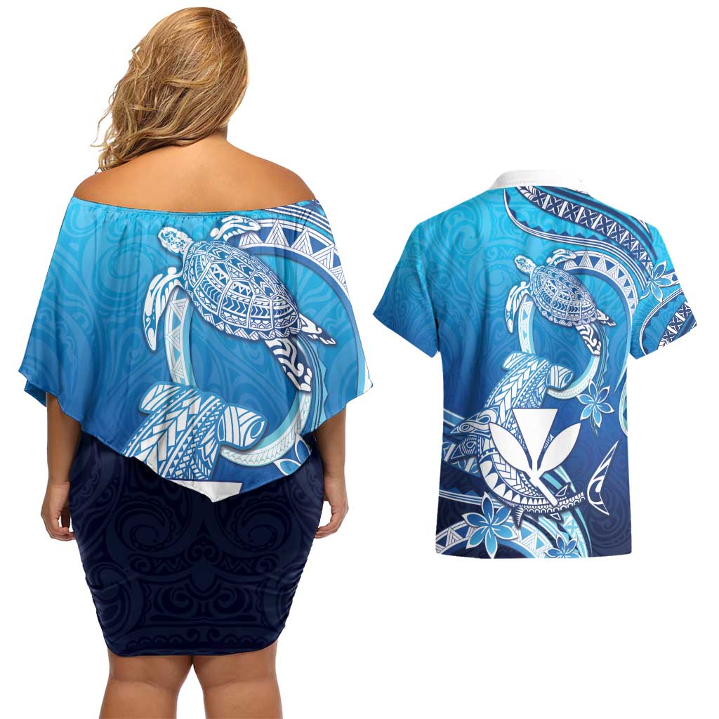 Hawaii Couples Matching Off Shoulder Short Dress and Hawaiian Shirt Turtle With Hammerhead Shark Oceanic