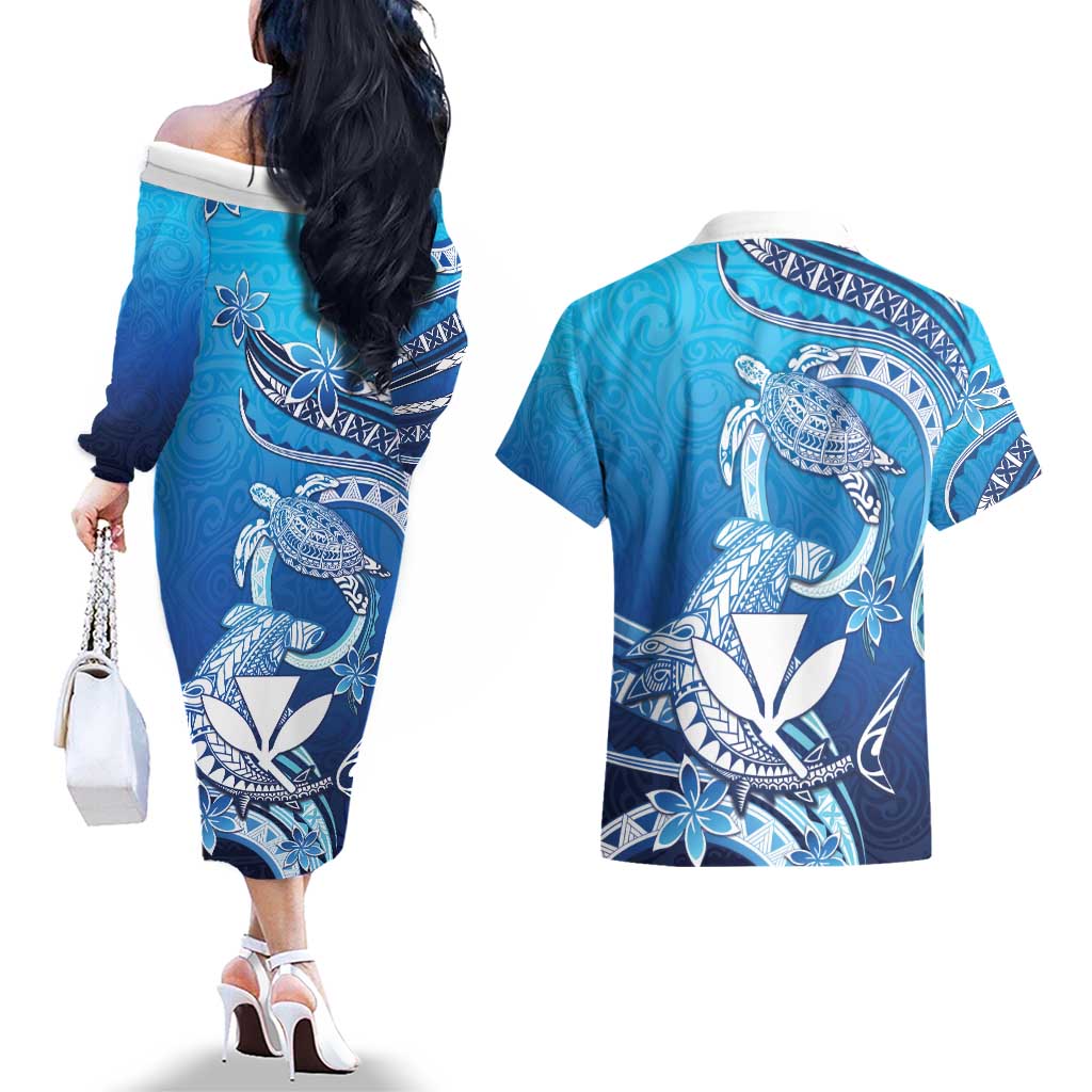 Hawaii Couples Matching Off The Shoulder Long Sleeve Dress and Hawaiian Shirt Turtle With Hammerhead Shark Oceanic