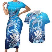 Hawaii Couples Matching Short Sleeve Bodycon Dress and Hawaiian Shirt Turtle With Hammerhead Shark Oceanic