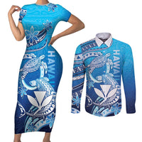 Hawaii Couples Matching Short Sleeve Bodycon Dress and Long Sleeve Button Shirt Turtle With Hammerhead Shark Oceanic