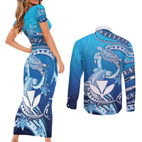 Hawaii Couples Matching Short Sleeve Bodycon Dress and Long Sleeve Button Shirt Turtle With Hammerhead Shark Oceanic