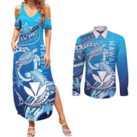 Hawaii Couples Matching Summer Maxi Dress and Long Sleeve Button Shirt Turtle With Hammerhead Shark Oceanic