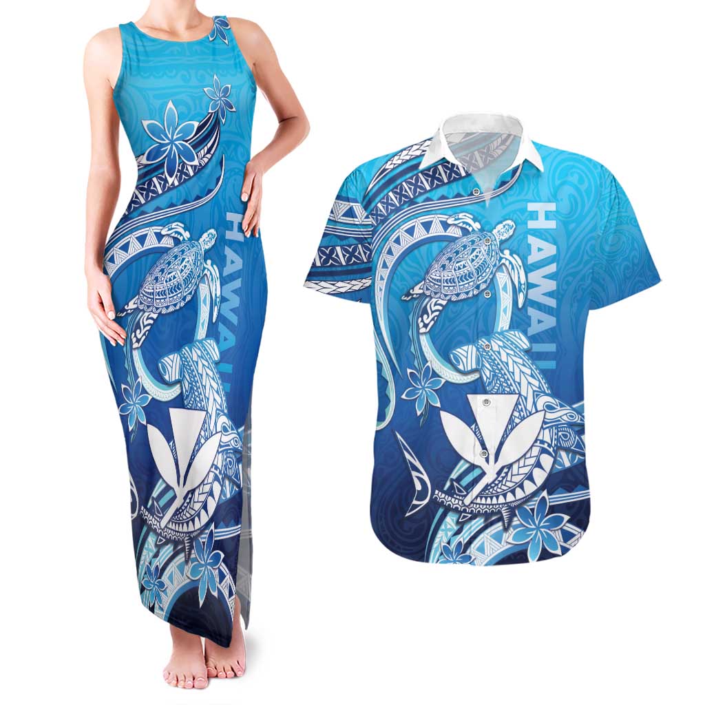 Hawaii Couples Matching Tank Maxi Dress and Hawaiian Shirt Turtle With Hammerhead Shark Oceanic DT04 Blue - Polynesian Pride