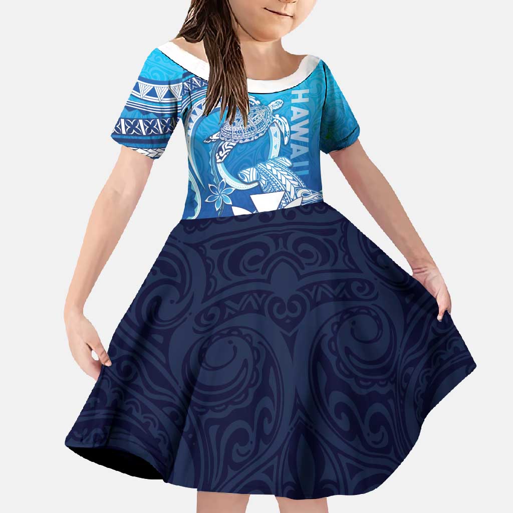Hawaii Family Matching Mermaid Dress and Hawaiian Shirt Turtle With Hammerhead Shark Oceanic DT04 Daughter's Dress Blue - Polynesian Pride
