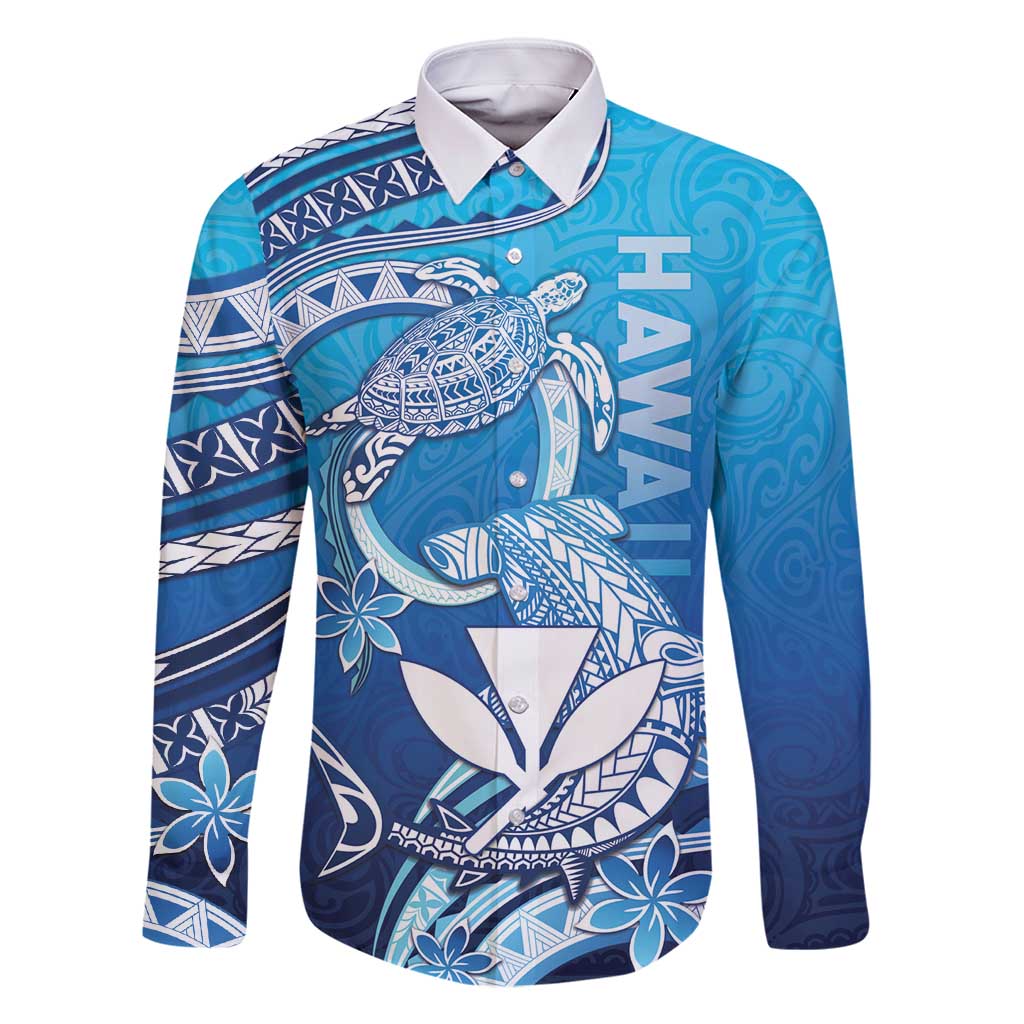 Hawaii Family Matching Mermaid Dress and Hawaiian Shirt Turtle With Hammerhead Shark Oceanic DT04 Dad's Shirt - Long Sleeve Blue - Polynesian Pride