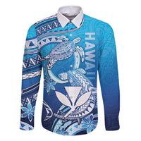 Hawaii Family Matching Mermaid Dress and Hawaiian Shirt Turtle With Hammerhead Shark Oceanic DT04 Dad's Shirt - Long Sleeve Blue - Polynesian Pride