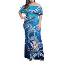Hawaii Family Matching Off Shoulder Maxi Dress and Hawaiian Shirt Turtle With Hammerhead Shark Oceanic