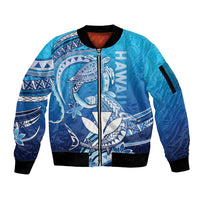 Hawaii Sleeve Zip Bomber Jacket Turtle With Hammerhead Shark Oceanic DT04 Unisex Blue - Polynesian Pride
