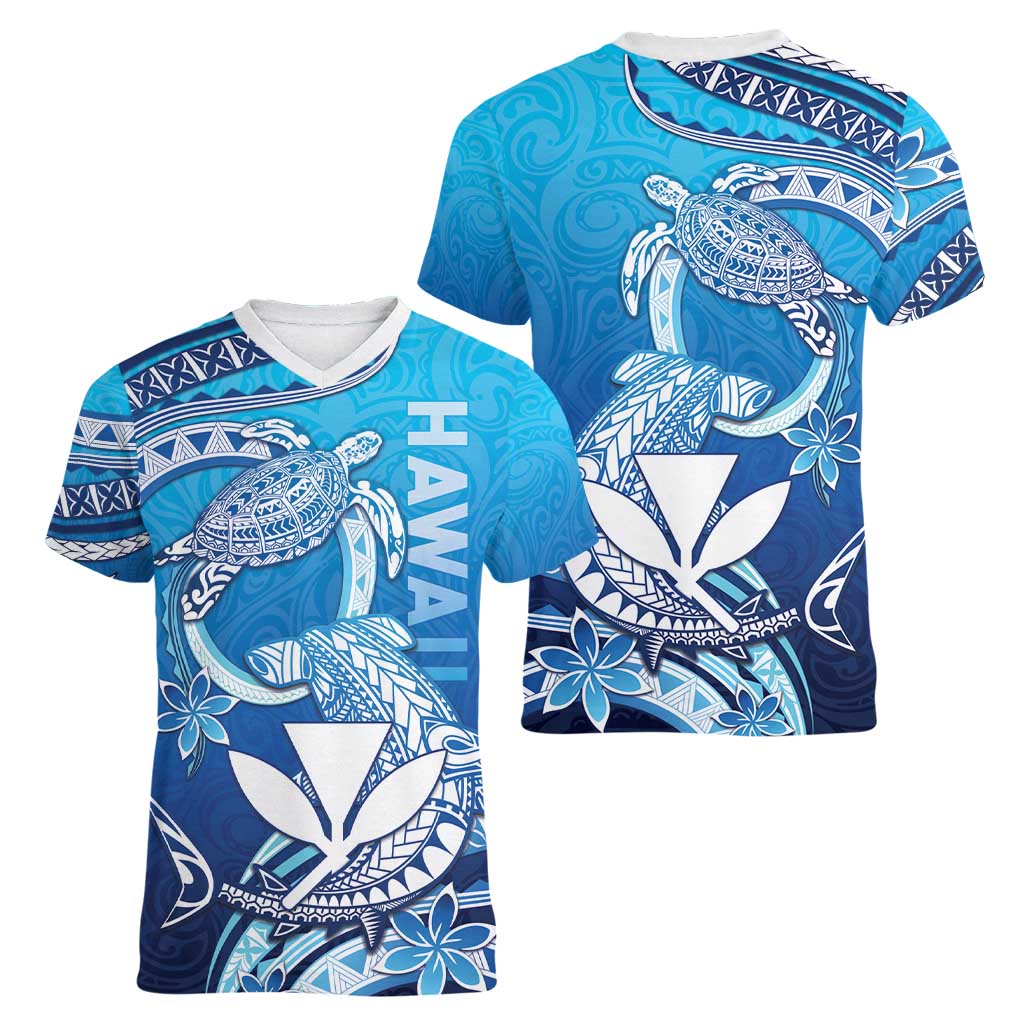 Hawaii Women V-Neck T-Shirt Turtle With Hammerhead Shark Oceanic