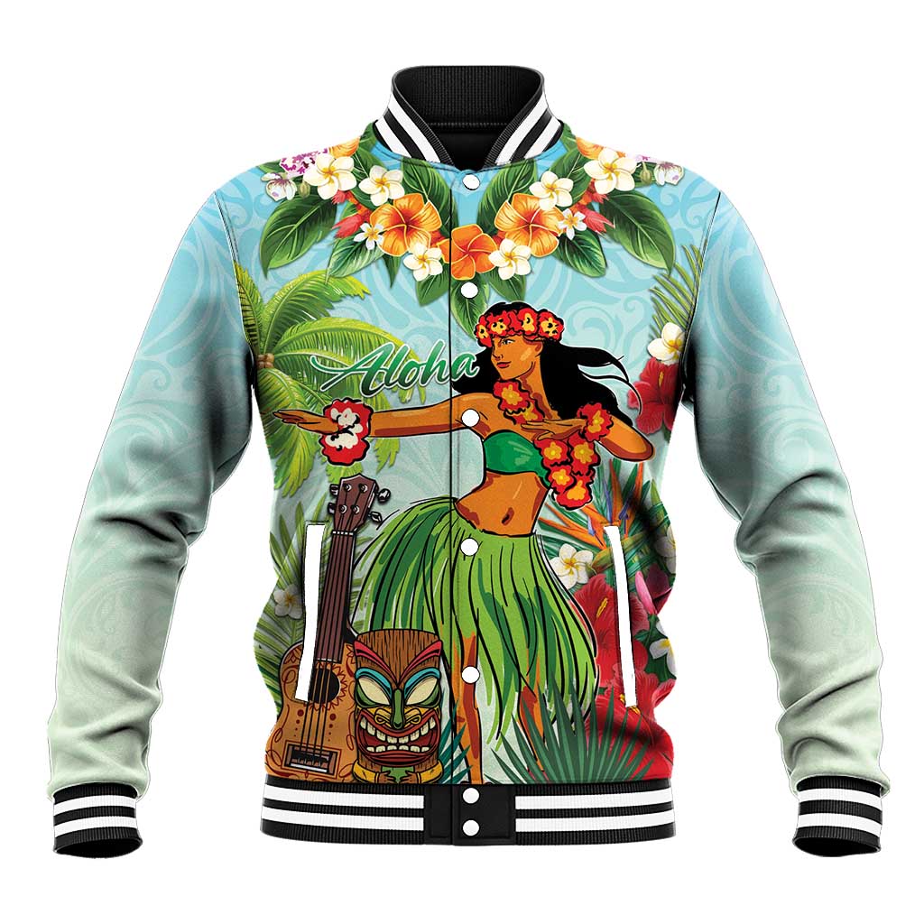 Hawaii Lei Day Baseball Jacket Hula Girl With Tropical Forest