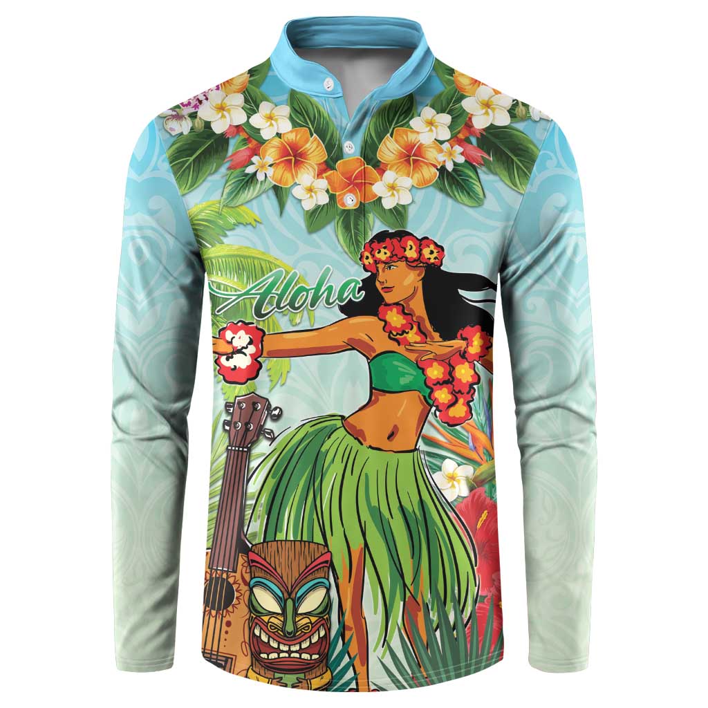 Hawaii Lei Day Button Sweatshirt Hula Girl With Tropical Forest