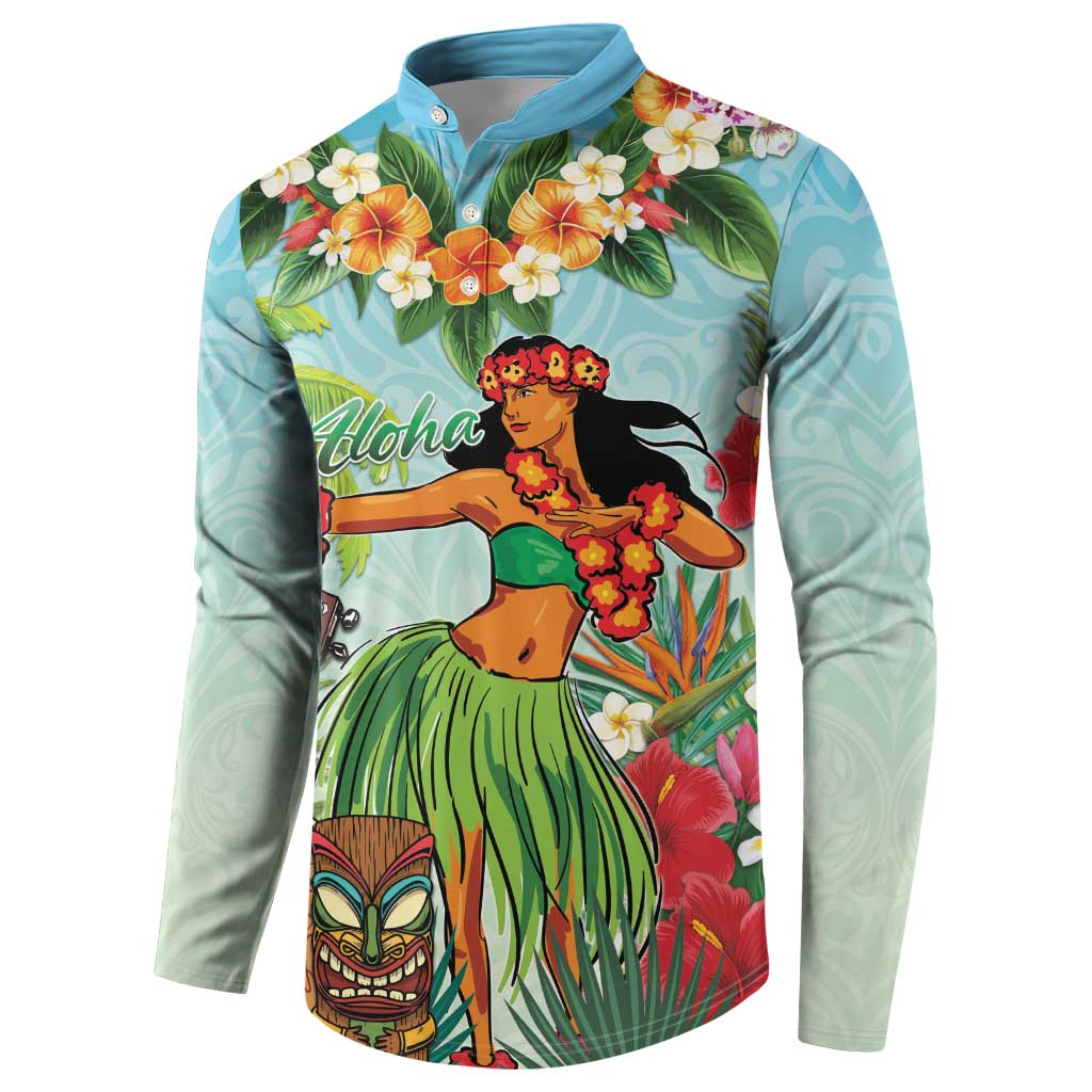 Hawaii Lei Day Button Sweatshirt Hula Girl With Tropical Forest