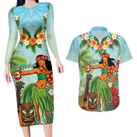 Hawaii Lei Day Couples Matching Long Sleeve Bodycon Dress and Hawaiian Shirt Hula Girl With Tropical Forest