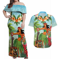 Hawaii Lei Day Couples Matching Off Shoulder Maxi Dress and Hawaiian Shirt Hula Girl With Tropical Forest