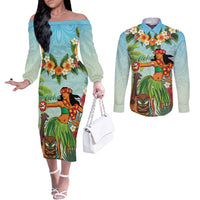 Hawaii Lei Day Couples Matching Off The Shoulder Long Sleeve Dress and Long Sleeve Button Shirt Hula Girl With Tropical Forest