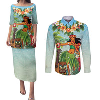 Hawaii Lei Day Couples Matching Puletasi and Long Sleeve Button Shirt Hula Girl With Tropical Forest