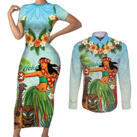 Hawaii Lei Day Couples Matching Short Sleeve Bodycon Dress and Long Sleeve Button Shirt Hula Girl With Tropical Forest