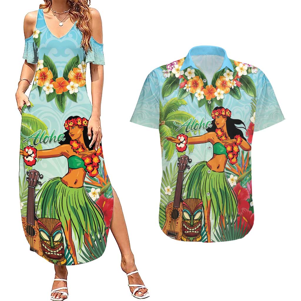 Hawaii Lei Day Couples Matching Summer Maxi Dress and Hawaiian Shirt Hula Girl With Tropical Forest