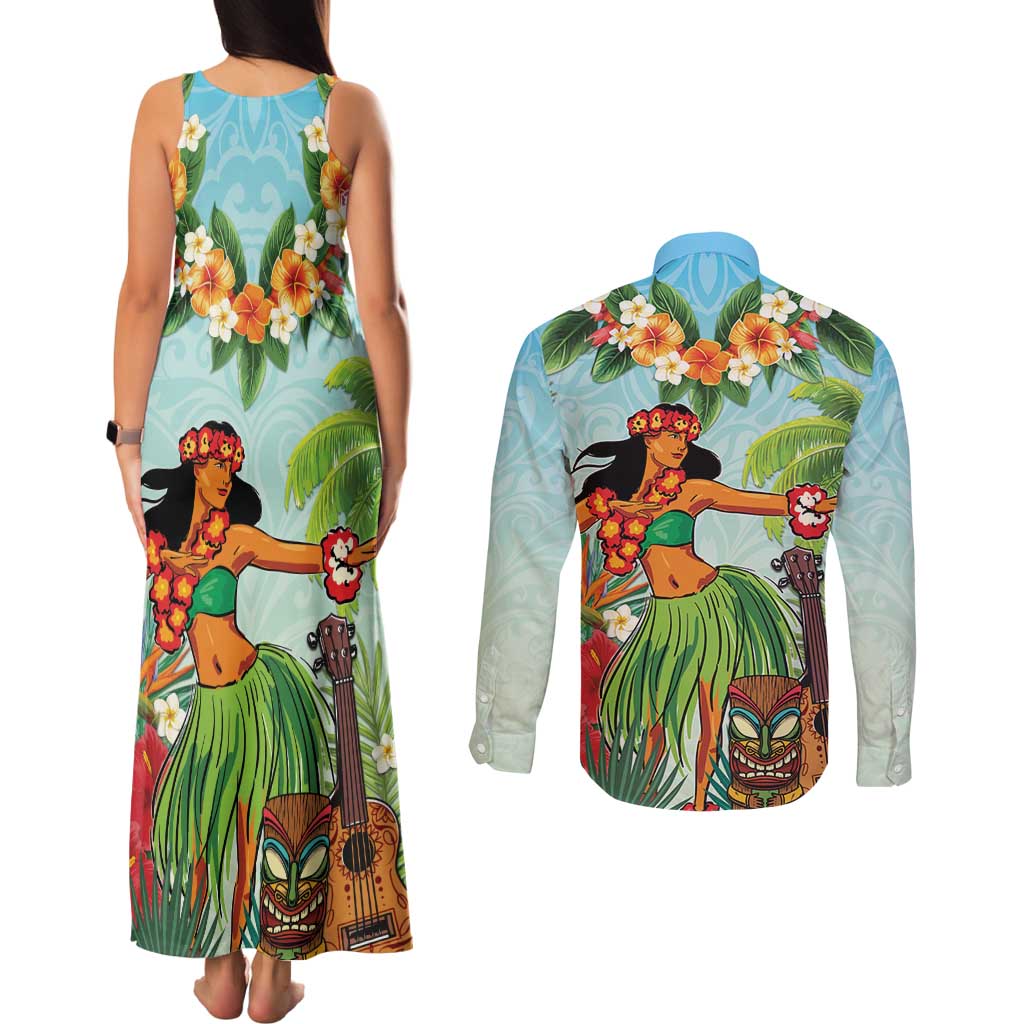 Hawaii Lei Day Couples Matching Tank Maxi Dress and Long Sleeve Button Shirt Hula Girl With Tropical Forest