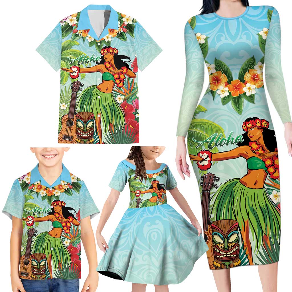 Hawaii Lei Day Family Matching Long Sleeve Bodycon Dress and Hawaiian Shirt Hula Girl With Tropical Forest