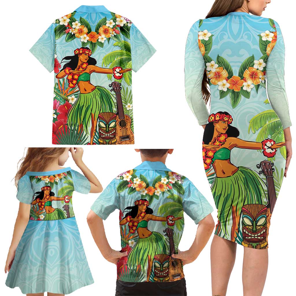 Hawaii Lei Day Family Matching Long Sleeve Bodycon Dress and Hawaiian Shirt Hula Girl With Tropical Forest